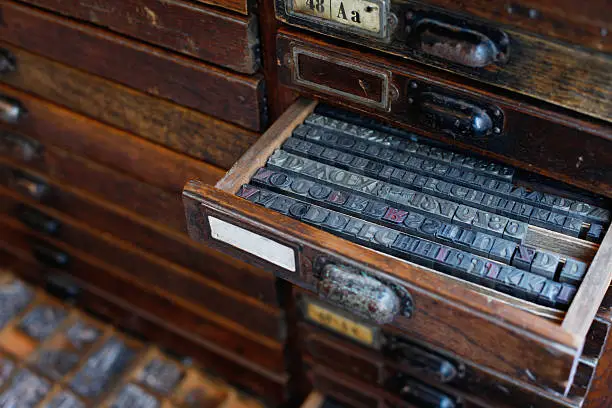 Old vintage metal printing press letters in a drawer