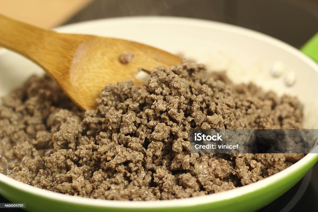 Pan frying ground beef Making enchilada tortilla with beef. Series. Ground Beef Stock Photo