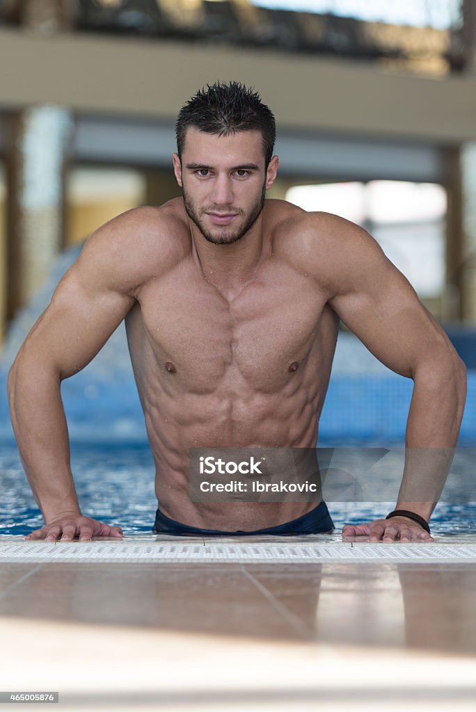 Macho Man Fashion Portrait Of A Very Muscular Sexy Man In Underwear At Swimming Pool Men Stock Photo