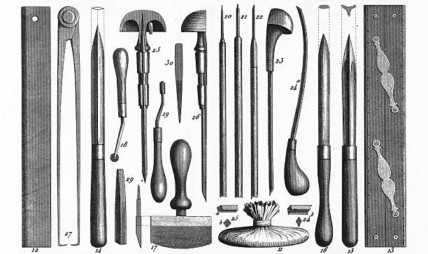 Engraving Tools Engraving Engraved illustrations of Illustrations of the Graphic Arts from Iconographic Encyclopedia of Science, Literature and Art, Published in 1851. Copyright has expired on this artwork. Digitally restored. aquatint stock illustrations