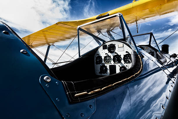 Nostalgic Bi-Wing Aircraft Cockpit Image stock photo