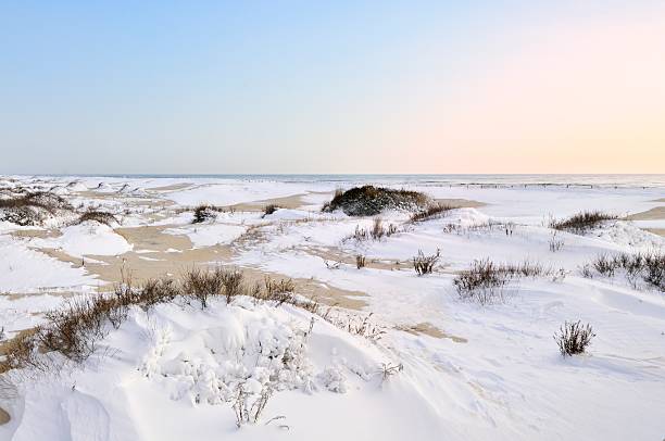 Assateague Snow Covered Dunes In Morning The Assateague Island National Seashore beach in a wintry February scene with about 6 inches of snow in place early in the morning with the reddish glow of dawn still in the clear blue sky eastern shore sand sand dune beach stock pictures, royalty-free photos & images