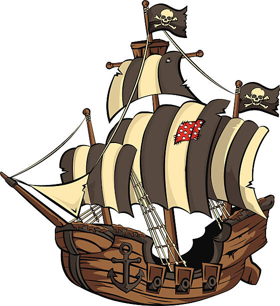 statek piracki - sailing ship nautical vessel military ship brigantine stock illustrations
