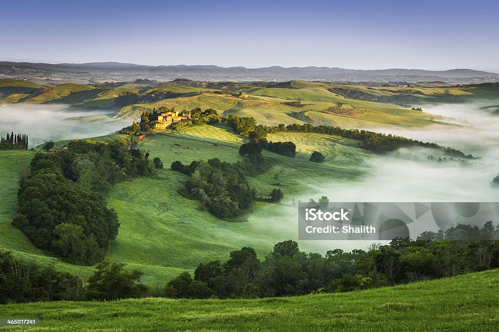 Valle de niebla de la mañana, Toscana - Foto de stock de Agricultura libre de derechos