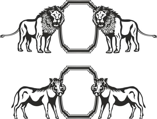 Frame with animals of Africa Vector frame with animals of Africa. May be used when placing text materials for pagination, chapters, sections. asian lion stock illustrations