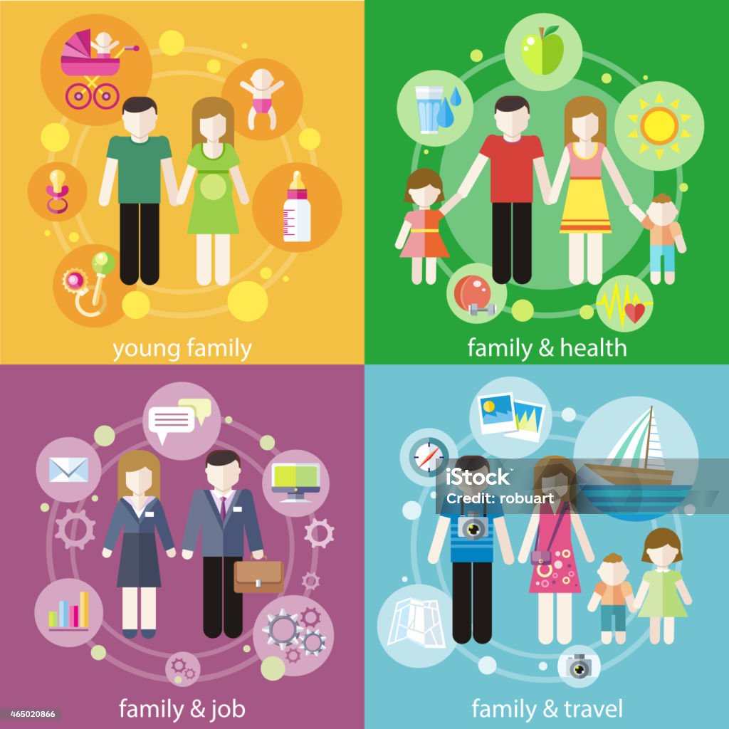 Family with children kids people concept Family with children kids people concept icons set of parenting in flat design styly. Baners of young family, famile and health, famile and job, famile and travel for infographic  Child stock vector