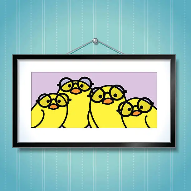 Vector illustration of Family of Yellow Chicks wearing Round Glasses in Picture Frame