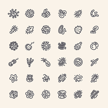 Set of 36 Icons with Bacteria and Germs for Medical Design. Isolated on White Background. Clipping paths included in additional jpg format.