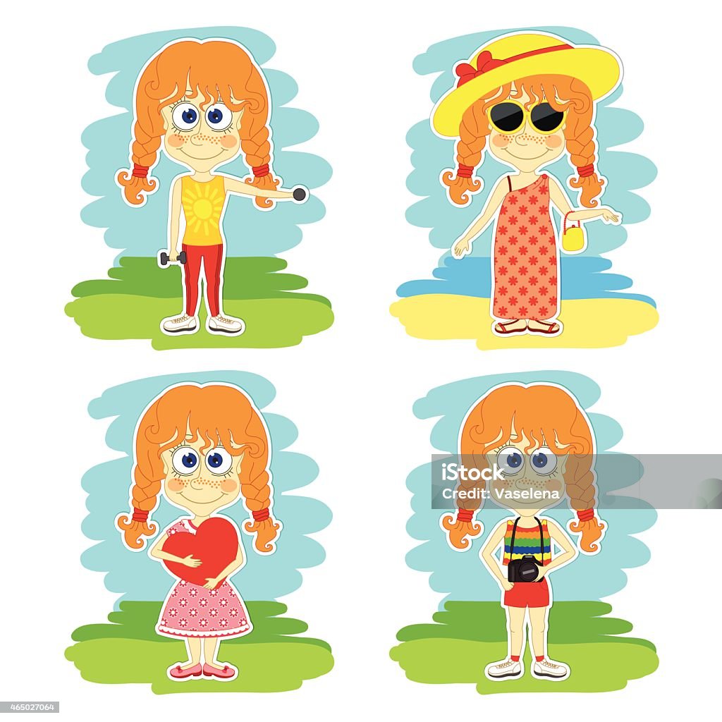 Funny girl is on vacation Set of four scenes with funny redheaded girls on vacation 2015 stock vector