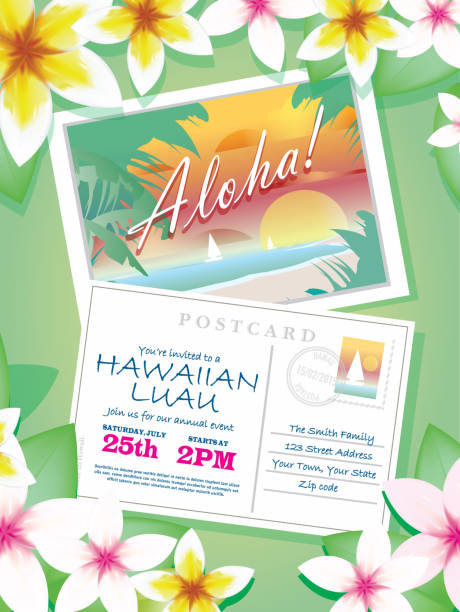 istock Vintage Hawaiian postcard Luau invitation design template on green 465028006