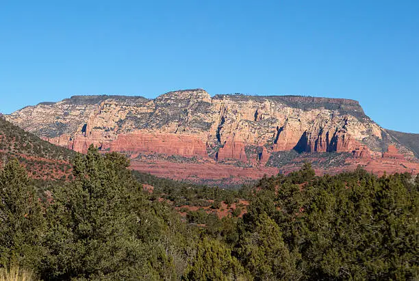 View of the red rock range rock formation in Sedona Arizona from the backside