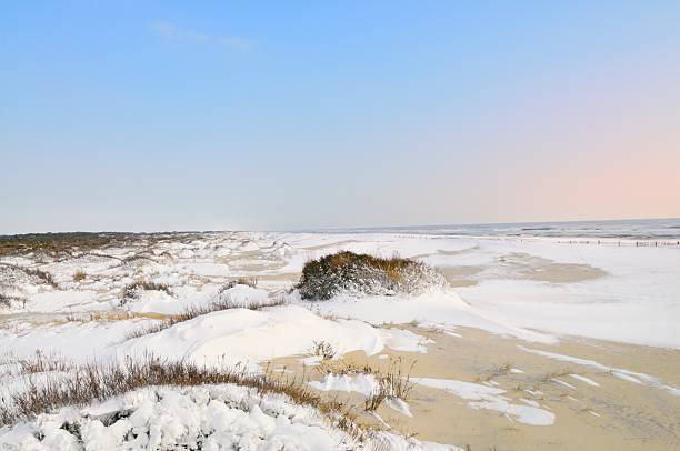 Assateague Snow Covered Dunes At Dawn The Assateague Island National Seashore beach in a wintry February scene with about 6 inches of snow in place early in the morning with the reddish glow of dawn still in the clear blue sky eastern shore sand sand dune beach stock pictures, royalty-free photos & images