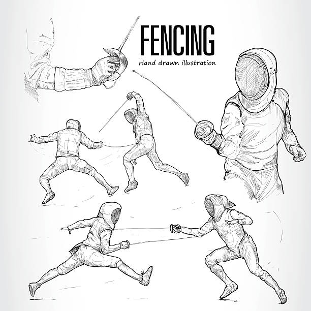 ilustracja przedstawiająca ogrodzenia. ręcznie rysowane. - fencing sport rivalry sword stock illustrations