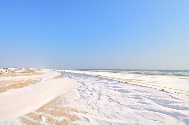 Bright Day At The Assateague Beach The wind has swept the snow into shallow aeolian dunes on the beach at the Assateague Island National Seashore in this crystal bright wintry beach scene assateague island national seashore photos stock pictures, royalty-free photos & images