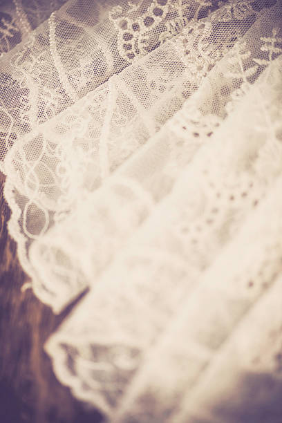 istock Sheer lace net curtain background against a contrasting wood plank 465031996