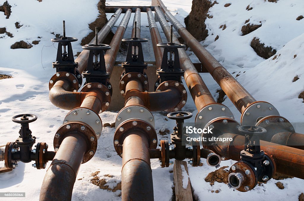 Oil and gas pipe line valves Oil and gas pipe line and valves 2015 Stock Photo