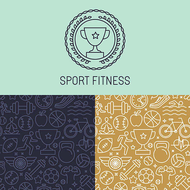 Vector sport badge and seamless pattern Vector sport badge and seamless pattern in trendy mono line style - abstract background with linear icons gym designs stock illustrations