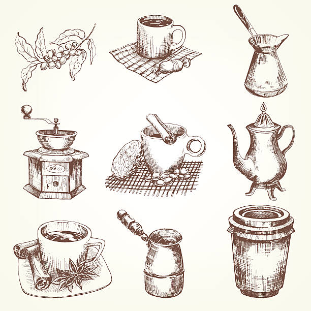 ilustrações de stock, clip art, desenhos animados e ícones de conjunto de café - hot chocolate hot drink heat drinking