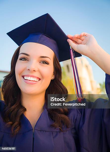 Happy Graduating Mixed Race Woman In Cap And Gown Stock Photo - Download  Image Now - Graduation Gown, Teenager, Cap - Hat - iStock