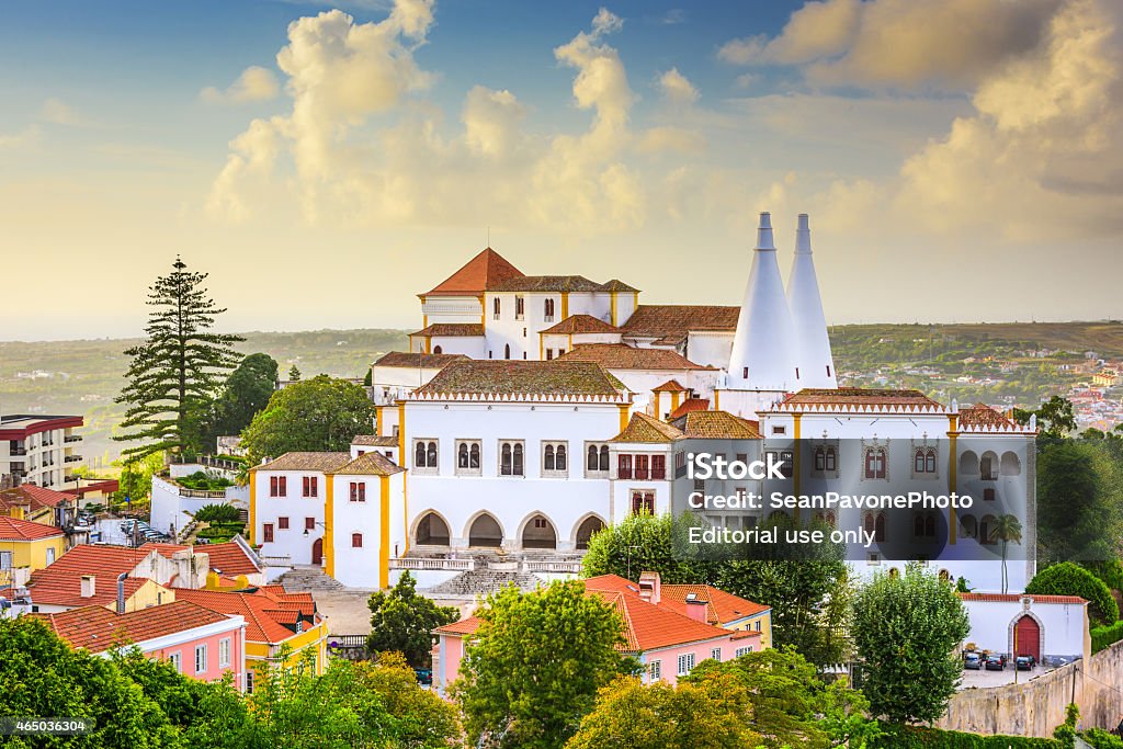 Sintra United Kingdom Sintra, Portugal - October 17, 2014: Old city view at Sintra National Palace.  It is considered the best preserved medieval castle in the country. Palacio Nacional de Sintra Stock Photo