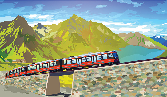 Train in high Alps mountains. Summer season. 
