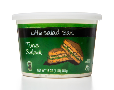 Miami, USA - January 6, 2015: Little salad bar Tuna Salad plastic 16 OZ jar. Little salad bar brand is owned by Aldi.