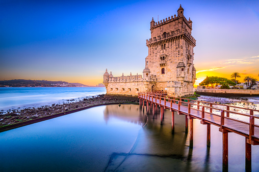 Lisbon, Portugal - October 21, 2014: The Tower of St. Vincent, also known as Belem Tower, on the Tagus River. It is a UNESCO World Heritage Site dating from the early 16th Century.