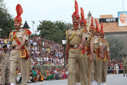 Putrajaya, Malaysia - August 31, 2023: Close up view of the parade contingent marching at the 66th Independence of Malaysia in Putrajaya.