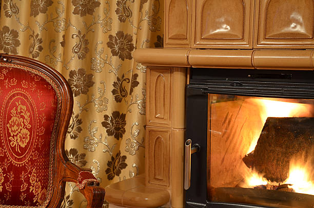 istock Old ancient chair and fireplace 465042184