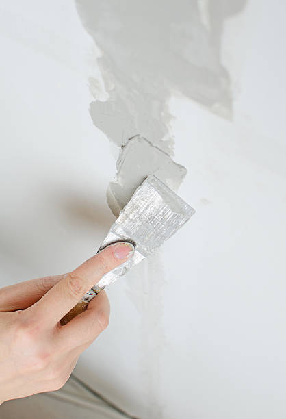 istock Female hand repairs wall with spackling paste 465042351