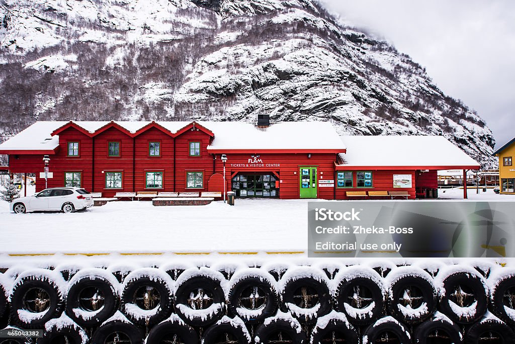 Flam Railway Flam, Norway - December 28, 2014: Station old Flam Railway. The Flam Line (Norwegian: Flamsbana) is a 20.2-kilometer long railway line between Myrdal and Flam in Aurland, Norway. 2015 Stock Photo