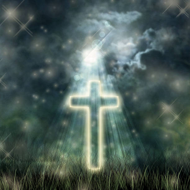 istock Holy Cross glowing, bright moon on dark sky, dark clouds 465044114