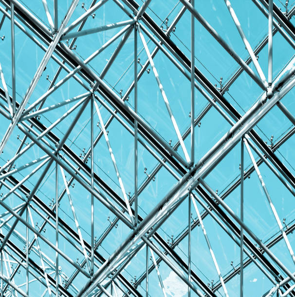 istock Abstract blue geometric ceiling in office center 465044851