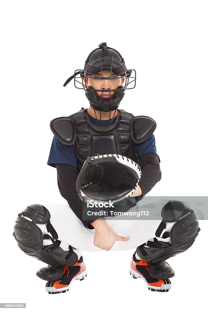 baseball player , catcher showing direction secret  signal baseball player , catcher showing  right direction secret  signal isolated on white Baseball Catcher Stock Photo