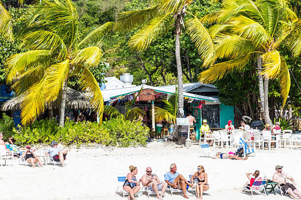 Jost Van Dyke, British Virgin Islands - January 13, 2015: Visitors travel from near and far to sip the world famous version of a cocktail called the \