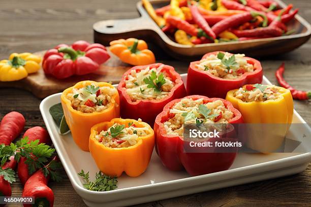 Stuffed Yellow And Red Peppers Stock Photo - Download Image Now - Stuffed, Pepper - Vegetable, Bell Pepper