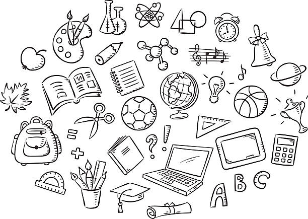 illustrazioni stock, clip art, cartoni animati e icone di tendenza di insieme di cose di scuola, in bianco e nero e profilo - pagina di libro da colorare tecnica illustrativa