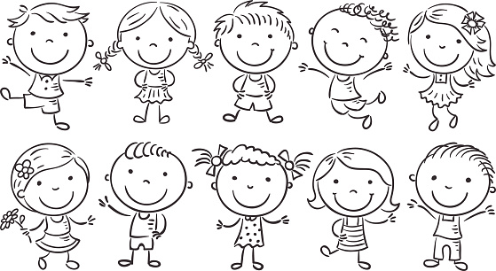 Ten happy cartoon kids, black and white outline.