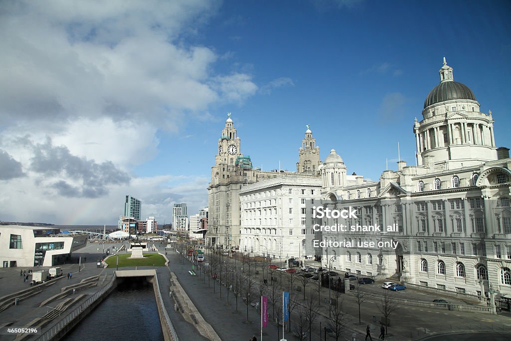 Port of Liverpool Liverpool,England-21st February 2015:Iconic view of the port of Liverpool.The Liver Building and Port of Liverpool Building being prominent at the waterfront. Albert Dock Stock Photo