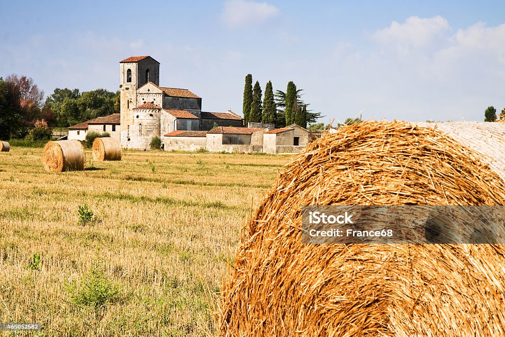 Typical Tuscany Romanesque church Typical Tuscany Romanesque church surrounded by a field of wheat near a Cemetery. Tone Mapping Image with copy space 2015 Stock Photo