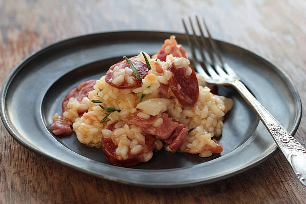 Risotto with sausage. stock photo