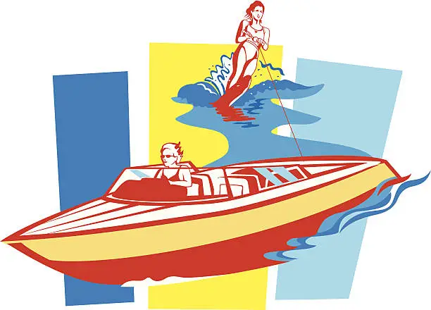 Vector illustration of Speedboat Water Skiing C