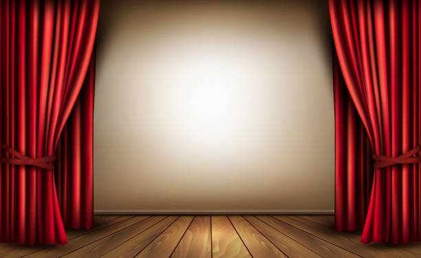 istock Background with red velvet curtain and a wooden floor. 465057553