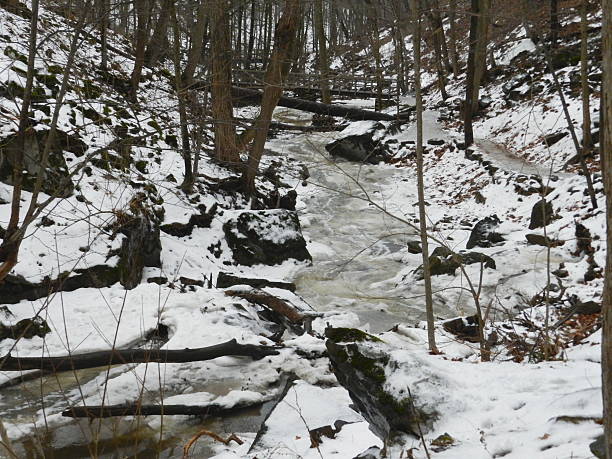 istock bridge across a creek, winter landscape 465057882