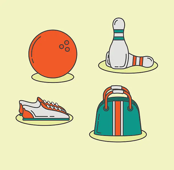 Vector illustration of Bowling equipment - bowl, pins, bowling shoes and bag