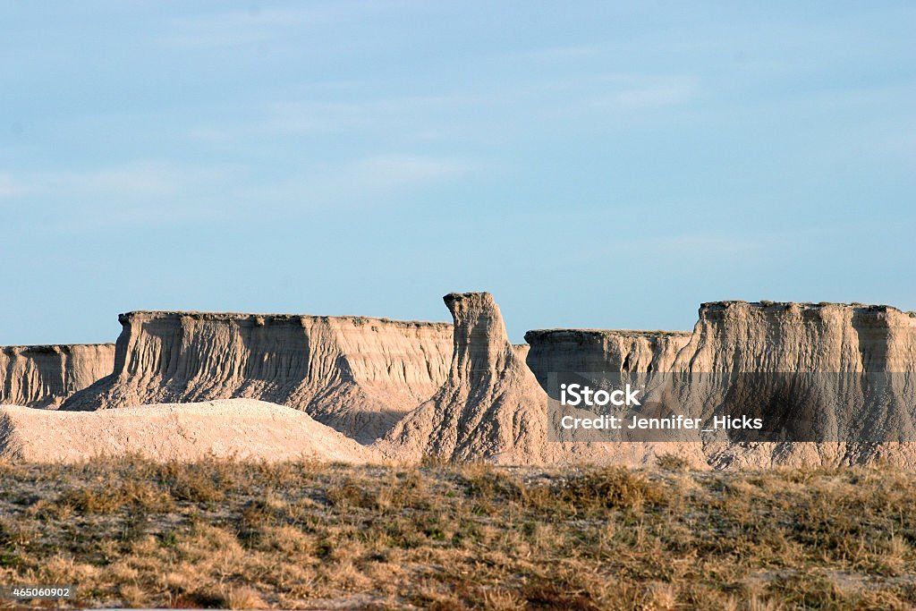 Badlands South Dakota Several flat-topped eroded  buttes as seen in the Badlands National Park in South Dakota. 2015 Stock Photo