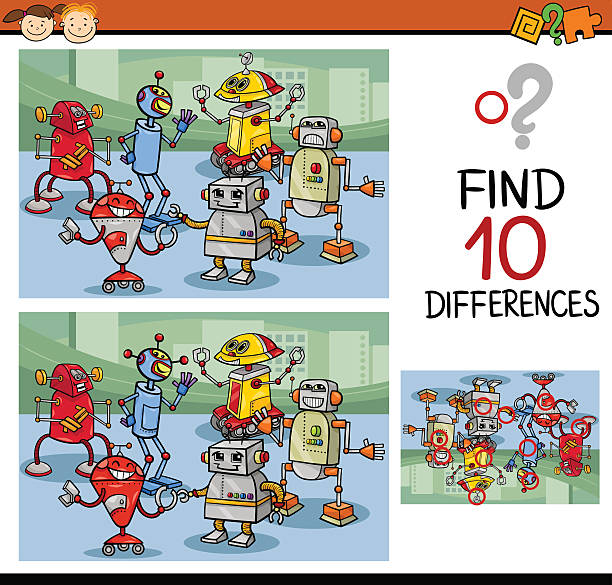 Find ten differences in pictures of cartoon robots Cartoon Illustration of Finding Differences Educational Game for Preschool Children child robot class stock illustrations