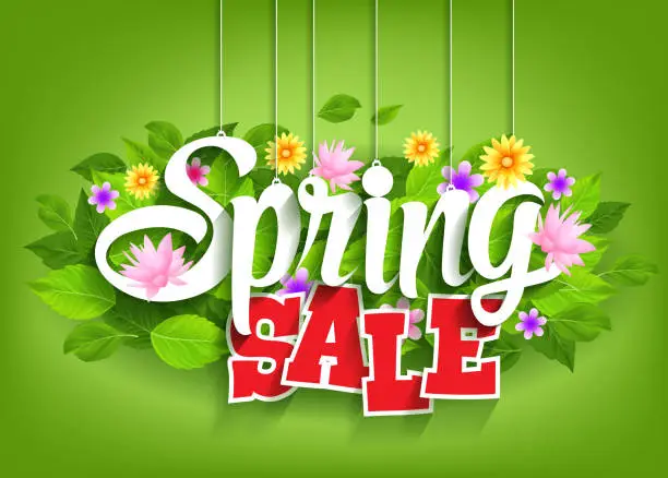 Vector illustration of Spring Sale Word Hanging on Leaves with Strings