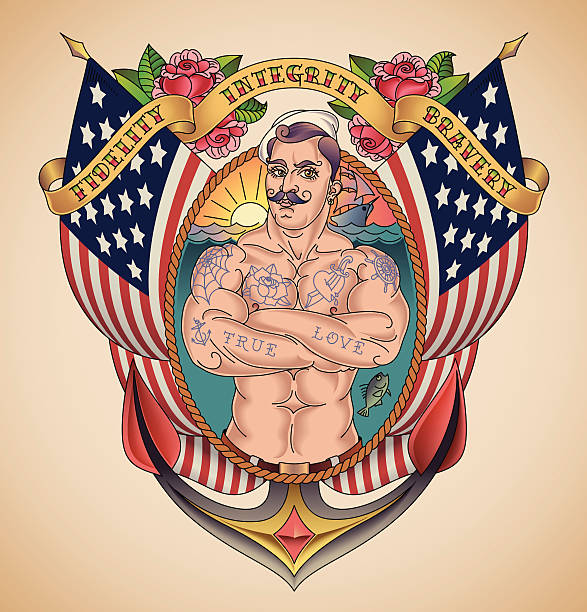 Handsome American Sailor Tattoo Old-school patriot tattoo of a handsome sailor on the background of USA flags wrapped in a banner. Editable vector illustration. us sailor stock illustrations