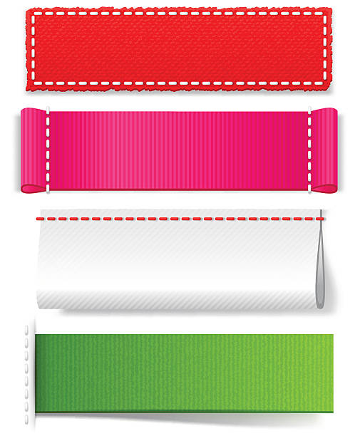 Template realistic fabric labels Template realistic fabric label set, bright empty vector tags for design on a white .background. stitching stock illustrations
